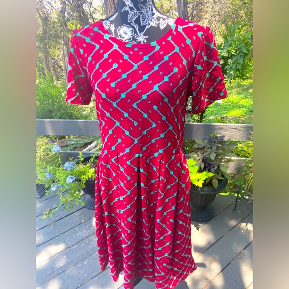 Lularoe Amelia Dress Size Large L Dark Pink Aqua Teal - Picture 1 of 7
